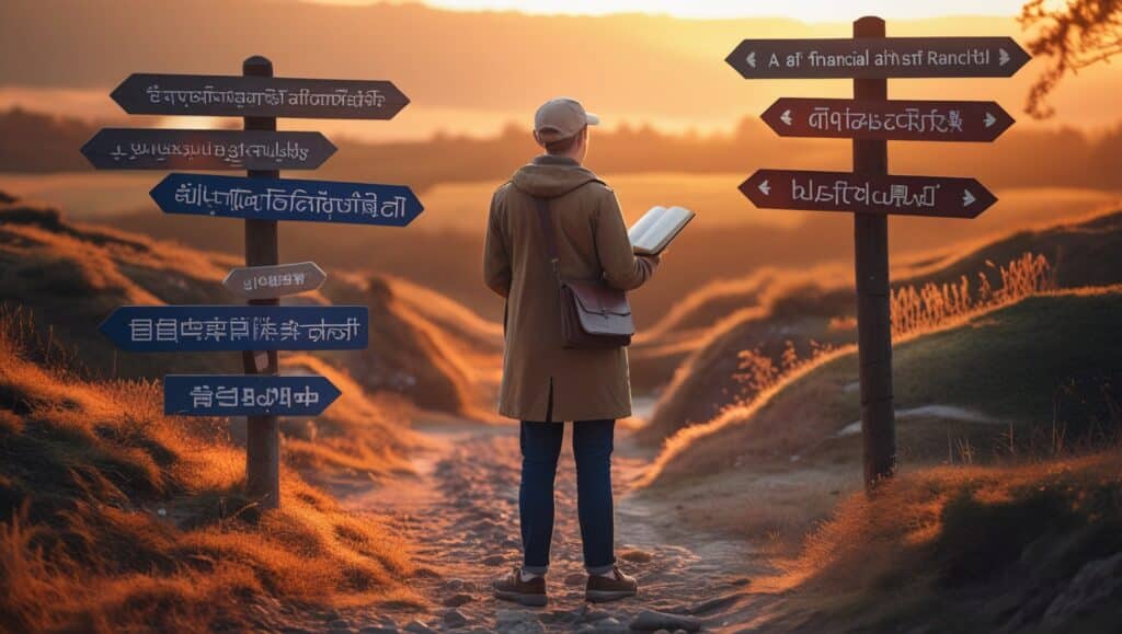 Fintech jargon explained.
A friendly guide with a translation book standing at the entrance of a path that leads through a financial landscape with signposts in different languages being translated, warm sunset lighting, inviting atmosphere