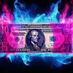 A dollar bill in blue and purple flames.
