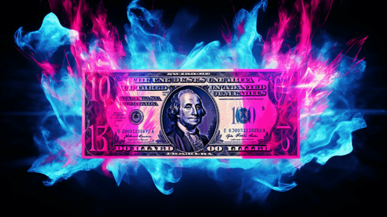 A dollar bill in blue and purple flames.