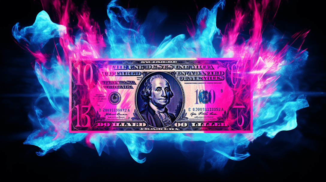 A dollar bill in blue and purple flames.