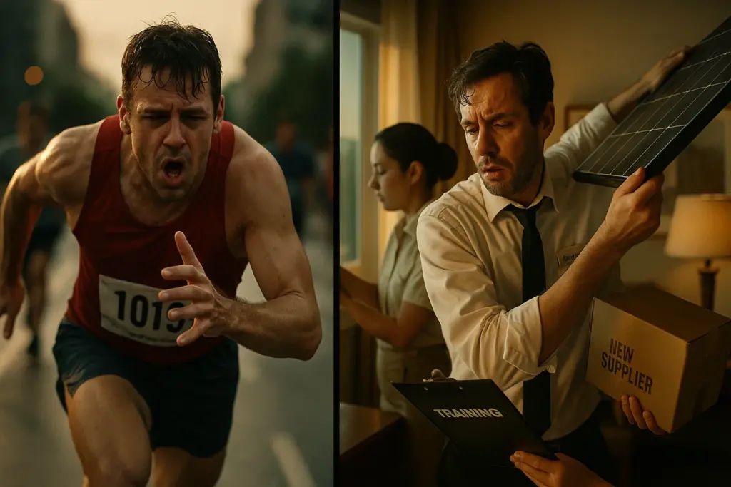 Split screen showing exhausted marathon runner and overwhelmed hotel manager implementing too many sustainability hospitality changes at once