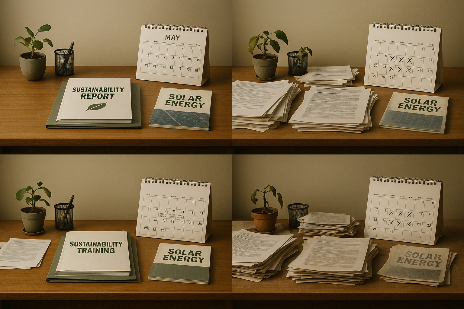 Time-lapse of hotel manager's desk showing abandoned sustainability plans, dusty solar panel quotes, wilted plant representing failed green initiatives. Sustainable Hospitality