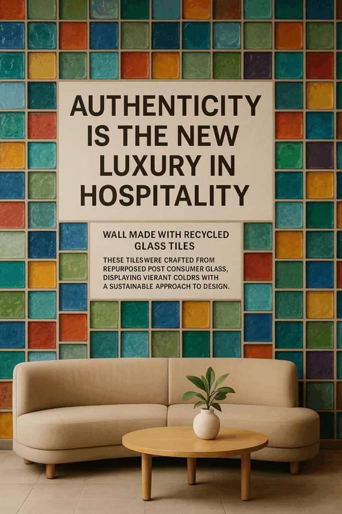 Eco-hotel lobby featuring recycled glass tiles made from wine bottles.